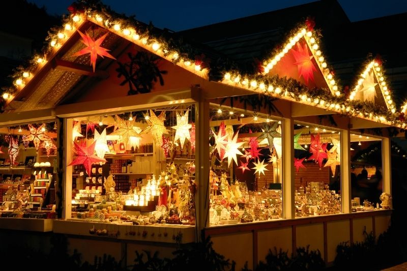 Christmas market stall at night