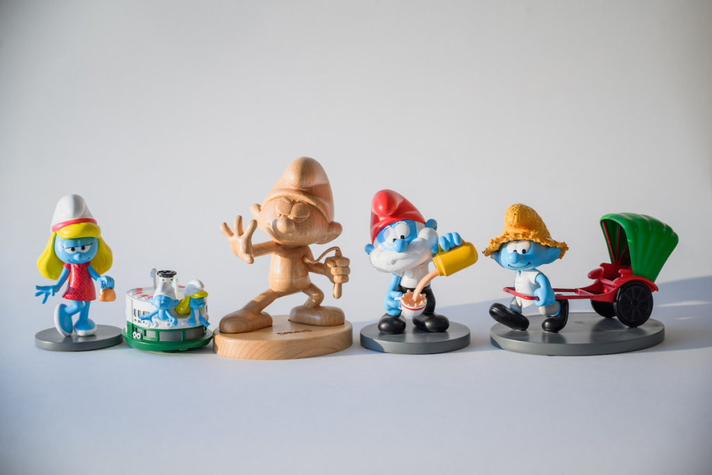 Figurines of cartoon characters The Smurts in Hong Kong. 