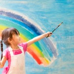 Asian,Little,Girl,Is,Painting,The,Colorful,Rainbow,And,Sky